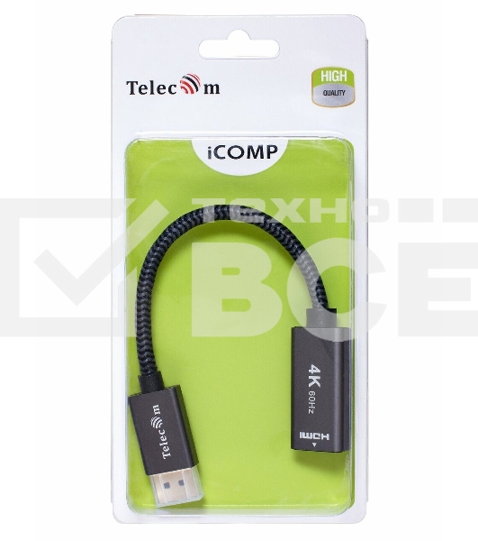 Кабель-переходник DP --> HDMI-F 0.2m , серый металлик, оплетка, 4K@60Hz, Telecom (TA560)