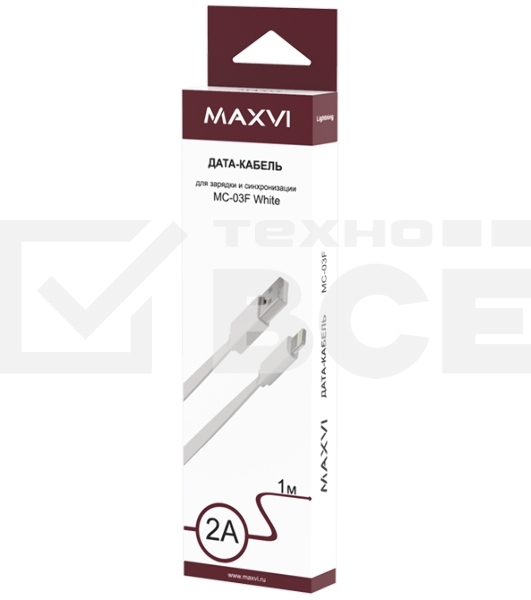 Кабель Maxvi MC-03F white USB-A - Lightning, 2A Плоский кабель, ток макс. нагрузки 2А, макс. напряжение 5V; стандарт USB 2.0; длина 1м, материал PVC, белый