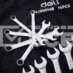 Набор комбинированных гаечных ключей 14 шт Deli DL130014B Спецификация: 10 мм, 11 мм, 12 мм, 13 мм, 14 мм, 16 мм, 17 мм, 18 мм, 19 мм, 21 мм, 24 мм, 27 мм, 30 мм, 32 мм. Матовая хромированная поверхность. Тканевая упаковка., фото6