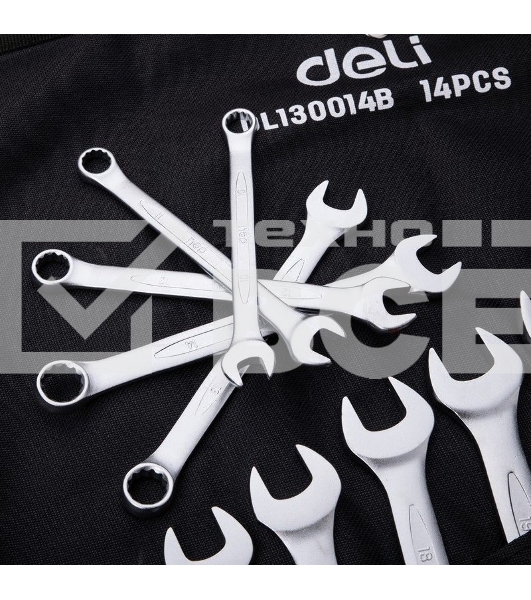 Набор комбинированных гаечных ключей 14 шт Deli DL130014B Спецификация: 10 мм, 11 мм, 12 мм, 13 мм, 14 мм, 16 мм, 17 мм, 18 мм, 19 мм, 21 мм, 24 мм, 27 мм, 30 мм, 32 мм. Матовая хромированная поверхность. Тканевая упаковка.