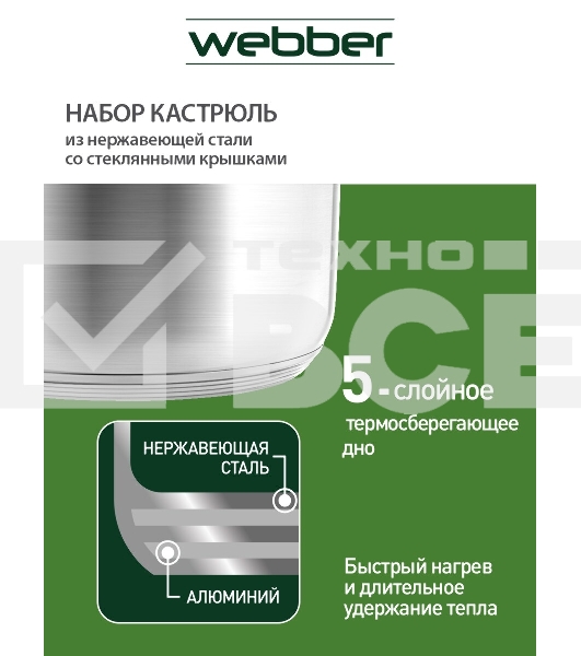 Набор посуды WEBBER BE-615/6 из нерж.стали 6 пр. 2,9 л, 5,1 л, 6,6 л со стеклянными крышками В наборе 6 предметов: кастрюля со стеклянной крышкой 18х11,5 см; 2,9 л кастрюля со стеклянной крышкой 22х13,5 см; 5,1 л кастрюля со стеклянной крышкой 24х14,5 см;