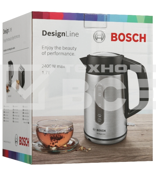 Чайник электрический Bosch TWK4P440 1.7 л, 2400 Вт, нержавеющая сталь/черный (корпус: нержавеющая сталь)