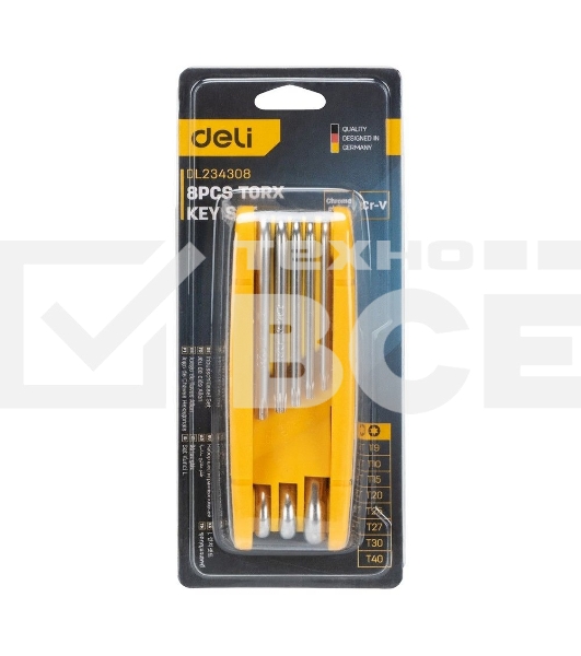 Набор складных шестигранных ключей TORX Deli DL234308 размеры T9,T10,T15,T20,T25,T27,T30,T40, пластиковый держатель