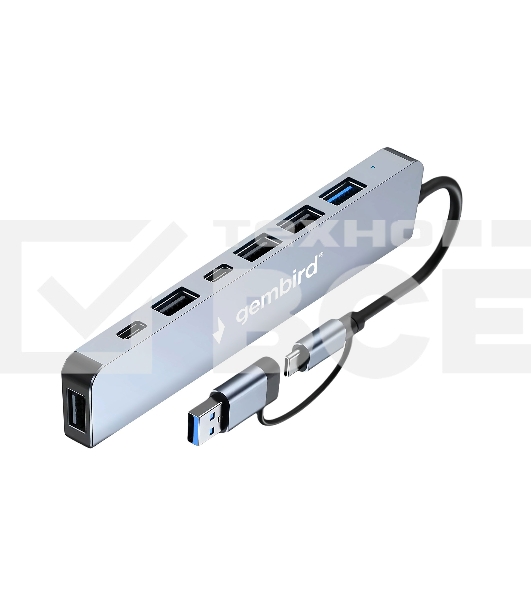 Разветвитель USB3.0/2.0 Gembird UHB-C445, USB3.0, 4хUSB2.0, Type-C, с доп.питанием (порт Type-C), кабель Type-C/USB 17см, алюминий, коробка