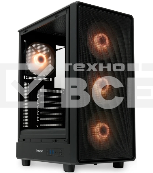 Компьютерный корпус HSPD M510, Mesh Mid Tower, черный, TG, 0.5 SPCC, 4x120мм ARGB ATX, mATX, mITX 180/280/160мм 1x2.5', 1x3.5', 7xPCI 2xUSB-A 3.0 517x277x418мм