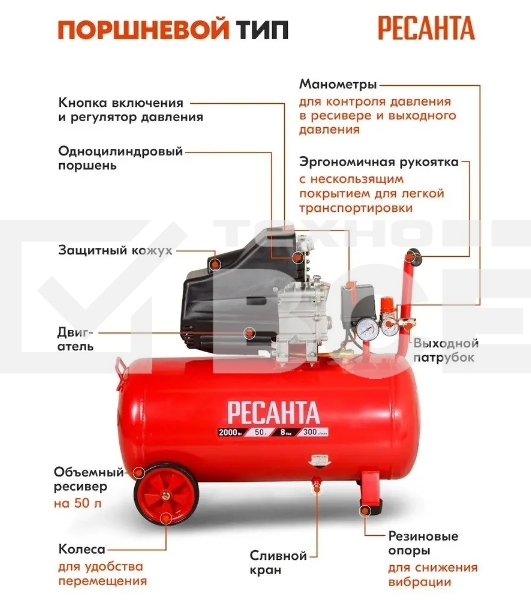 Компрессор Ресанта КП-8/50Л 900/74/7/10