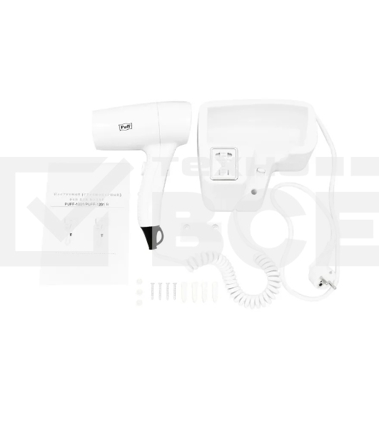 Фен Puff 1201B белый, 1200 Вт, с доп. розеткой