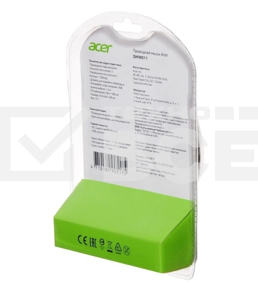 Мышь проводная Acer OMW011 черный/синий, 1200 dpi, USB, кнопки - 3