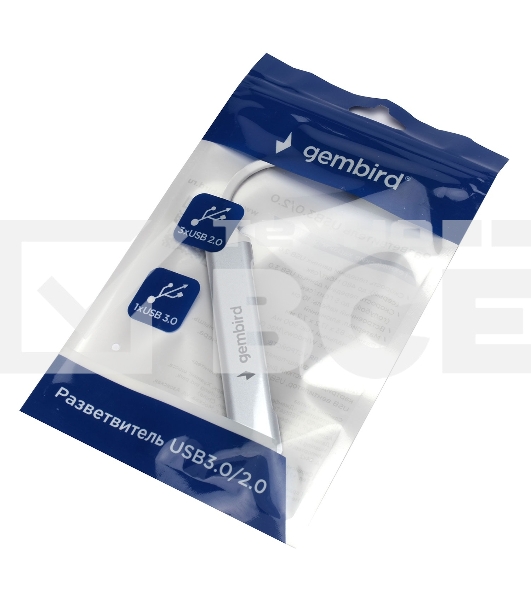 Разветвитель USB3.0/2.0 Gembird UHB-C206, USB3.0, 3xUSB2.0, кабель USB 10 см, серебристый металл, пакет