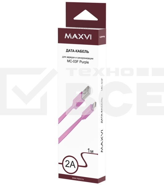 Кабель Maxvi MC-03F purple USB-A - Lightning, 2A Плоский кабель, ток макс. нагрузки 2А, макс. напряжение 5V; стандарт USB 2.0; длина 1м, материал PVC, фиолетовый