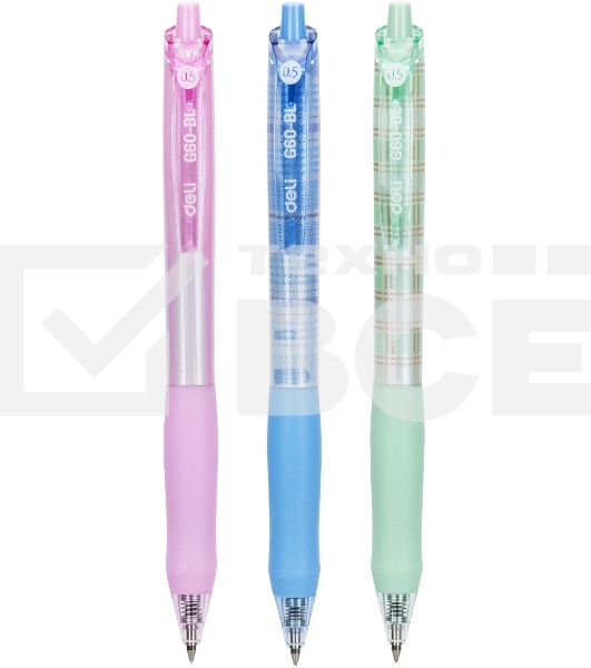 Набор ручек гелевых автоматическая Deli (EG60-BL-P) ассорти, d=0.5мм, синие чернила, коробка картонная (12шт), резиновая манжета