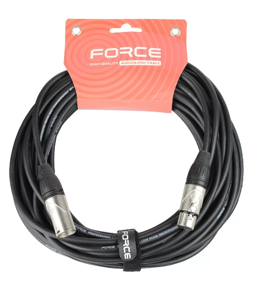 Кабель микрофонный FORCE FMC-05/15XLR (M) - XLR (F), высококачественный балансный, малошумящий с проводниками из безкислородной меди OFC, диаметр 6 мм, профессиональные металлические разъемы, длина 15 м, цвет черный