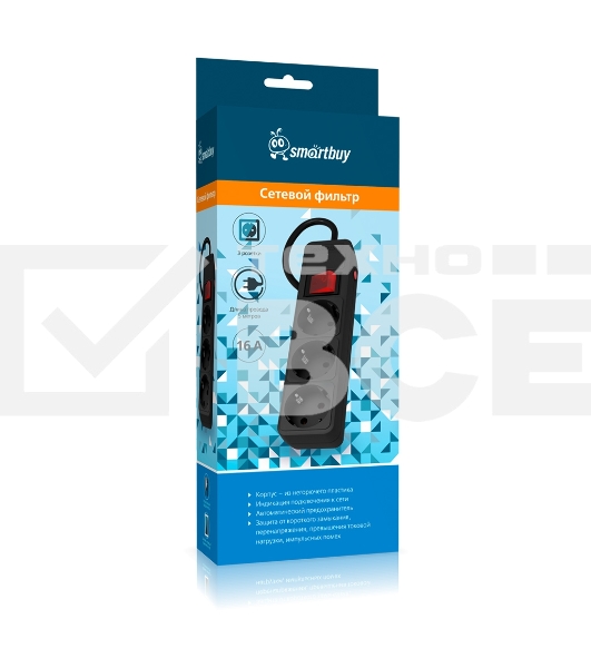 Сетевой фильтр 16А, 3500 Вт, 3 гнезда, без з/ш, с з/к, ПВС 3x1.0, 5 м, черный (SBSP-3-50-K)