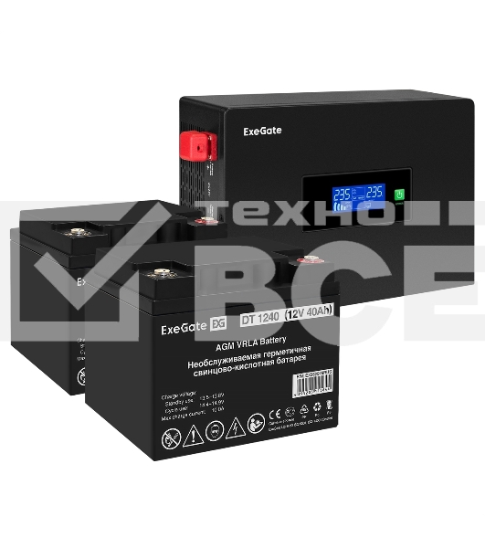 Комплект Источник бесперебойного питания EX295994RUS + батарея 40Aч EX282976RUS 2шт (инвертор, синус, для котла, PF=1, настенный) ExeGate IdealSine SR-1500.LCD.2SH  <1500VA/1500W, чистая синусоида, цветной LCD-дисплей, 2*Schuko, крепление настенное, черный> + батарея ExeGate DT 1240 (12В, 40А·ч) 2шт