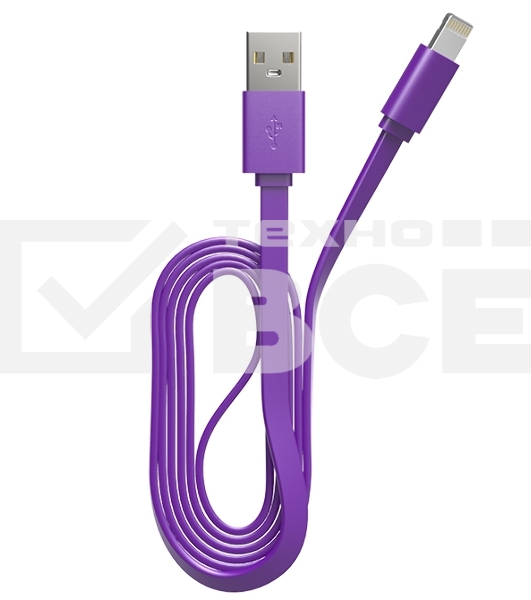 Кабель Maxvi MC-03F purple USB-A - Lightning, 2A Плоский кабель, ток макс. нагрузки 2А, макс. напряжение 5V; стандарт USB 2.0; длина 1м, материал PVC, фиолетовый