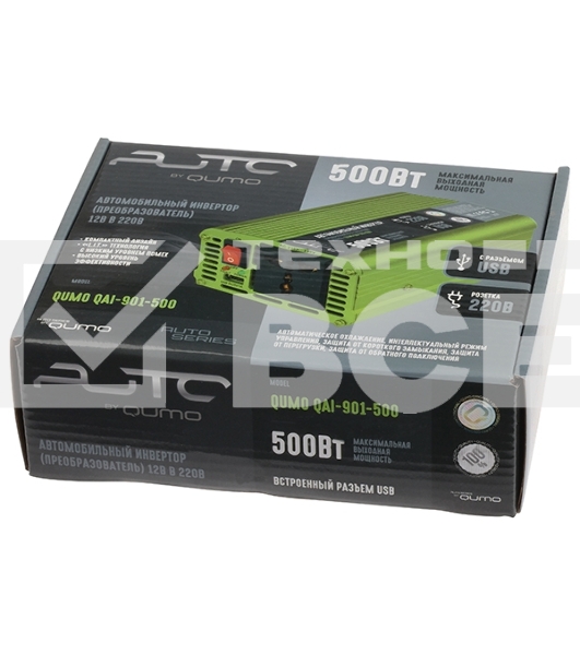 Автомобильный инвертор (преобразователь) постоянного тока 12В в переменный ток 220В, модель QUMO QAI-901-500 (Inv 001), максимальная выходная мощность 500Вт, встроенный разъем USB
