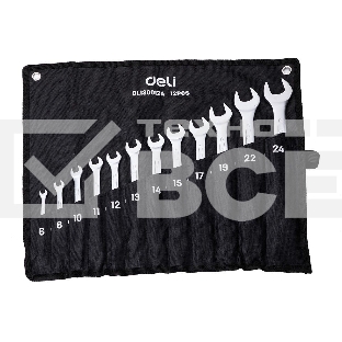 Набор комбинированных гаечных ключей 12 шт Deli DL130012A Спецификация: 6 мм, 8 мм, 10 мм, 11 мм, 12 мм, 13 мм, 14 мм, 15 мм, 17 мм, 19 мм, 22 мм, 24 мм. Матовая хромированная поверхность. Тканевая упаковка.