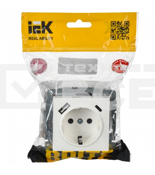 Розетка 1-местная IEK BRITE РЮш11-1-БрБ (BR-R14-16-U22-018-K01) с заземлением, с защитными шторками, 16А, с USB A+C 18 Вт, белый