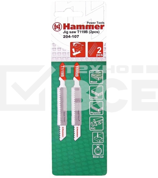 Пилка для лобзика Haммerflex 204-107 JG WD-PL T119B (2pcs) мягк.др\пл, 67мм, шаг 1.9-2.3, HCS, 2шт