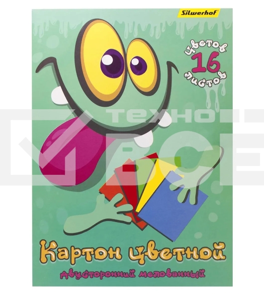Картон цветной Silwerhof двустор.мелов. 16л. 16цв. A4 Монстрики папка