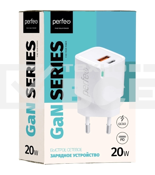 Сетевое зарядное устройство с двумя разъемами PERFEO USB-A+TYPE-C, GaN, 20W, белый (I4652)