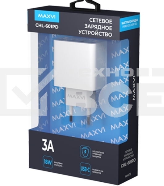 Сетевое зарядное устройство Maxvi CHL-601PD 18W, 3A, QC 3.0, PD 3.0, 1xUSB-C, белый