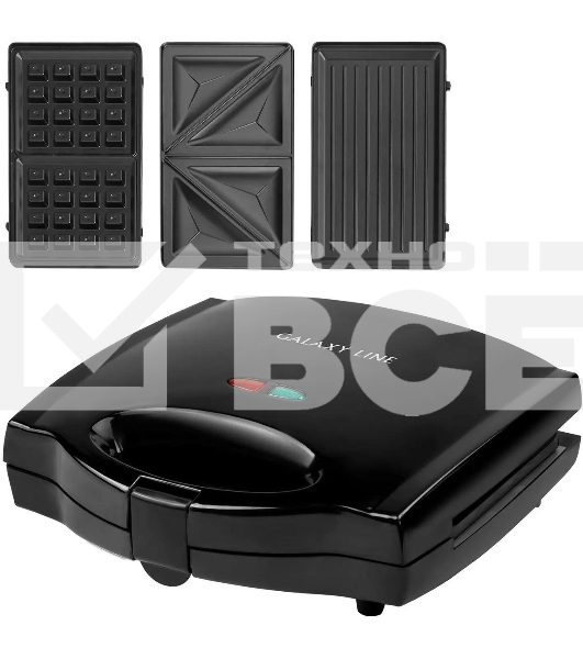 Сэндвич-тостер Galaxy Line GL 2959, черный, со съемными пластинами, 800 Вт