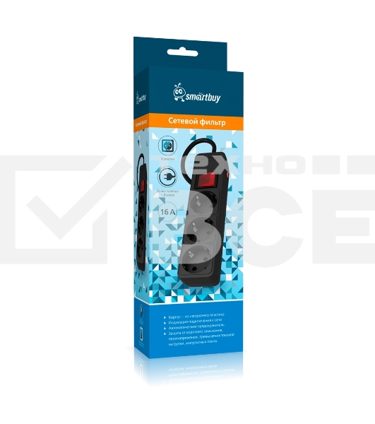 Сетевой фильтр 16А, 3500 Вт, 3 гнезда, без з/ш, с з/к, ПВС 3x1.0, 1,8 м, черный (SBSP-3-18-K)