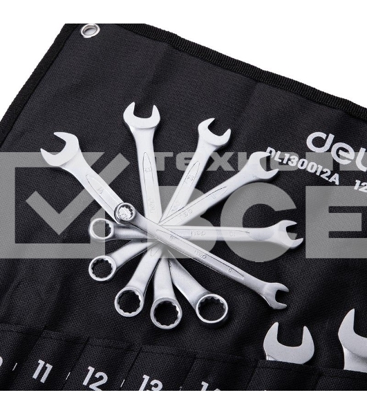 Набор комбинированных гаечных ключей 12 шт Deli DL130012A Спецификация: 6 мм, 8 мм, 10 мм, 11 мм, 12 мм, 13 мм, 14 мм, 15 мм, 17 мм, 19 мм, 22 мм, 24 мм. Матовая хромированная поверхность. Тканевая упаковка.