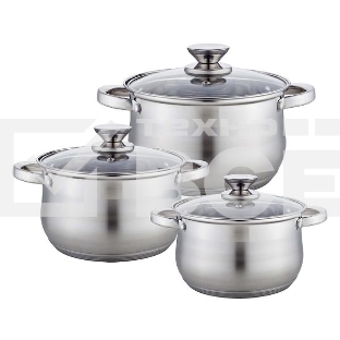 Набор посуды WEBBER BE-615/6 из нерж.стали 6 пр. 2,9 л, 5,1 л, 6,6 л со стеклянными крышками В наборе 6 предметов: кастрюля со стеклянной крышкой 18х11,5 см; 2,9 л кастрюля со стеклянной крышкой 22х13,5 см; 5,1 л кастрюля со стеклянной крышкой 24х14,5 см;