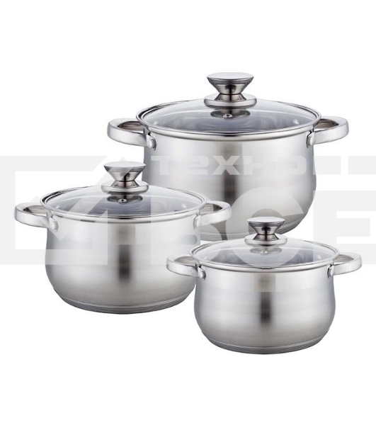 Набор посуды WEBBER BE-615/6 из нерж.стали 6 пр. 2,9 л, 5,1 л, 6,6 л со стеклянными крышками В наборе 6 предметов: кастрюля со стеклянной крышкой 18х11,5 см; 2,9 л кастрюля со стеклянной крышкой 22х13,5 см; 5,1 л кастрюля со стеклянной крышкой 24х14,5 см;