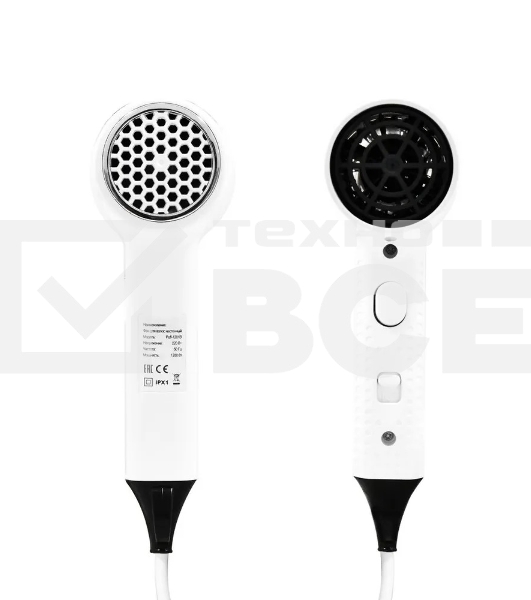 Фен Puff 1201B белый, 1200 Вт, с доп. розеткой