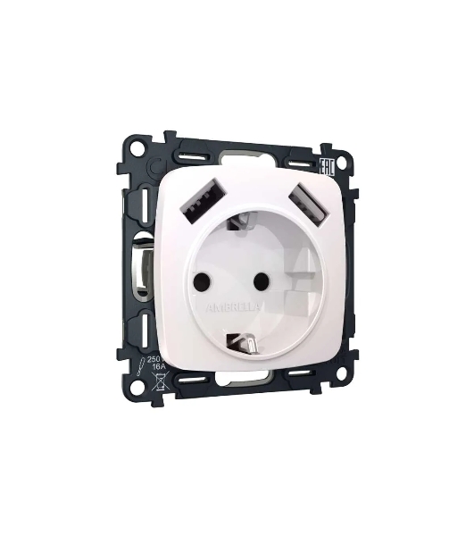 Комплект механизма электрической розетки OMEGA Жемчуг 2USB A+A 18W (быстрая зарядка) с/з QUANT (OP2090, VM155) MO209010