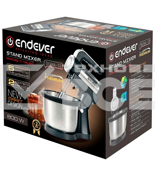 Миксер Endever Sigma-12 c чашей, черный/стальной, 800 Вт, 2 вида насадок, 5 скоростей