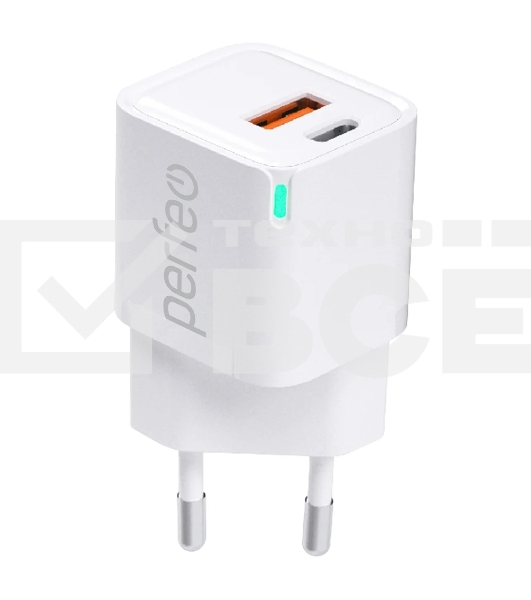 Сетевое зарядное устройство с двумя разъемами PERFEO USB-A+TYPE-C, GaN, 20W, белый (I4652)