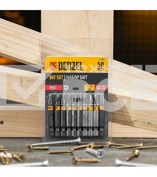 Набор бит Denzel PH3х50, сталь S2, шестигранный профиль, 10 шт.