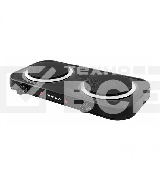 Плита настольная электрическая двухконфорочная SUPRA HS-292. Мощность каждой конфорки - 1000 Вт; диаметр конфорки – 15,5 см; плавное регулирование температуры конфорки; световая индикация; эмалевое покрытие корпуса; черный)