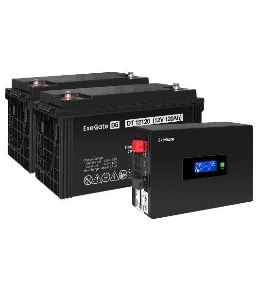 Комплект Источник бесперебойного питания EX295994RUS + батарея 120Aч EX282988RUS 2шт (инвертор, синус, для котла, PF=1, настенный) ExeGate IdealSine SR-1500.LCD.2SH  <1500VA/1500W, чистая синусоида, цветной LCD-дисплей, 2*Schuko, крепление настенное, черный> + батарея ExeGate DT 12120 (12В, 120Ач) 2шт