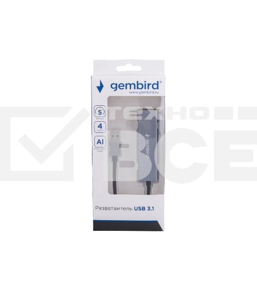 Концентратор USB 3.0 Gembird UHB-C464, 4 порта, кабель 17см, алюминий