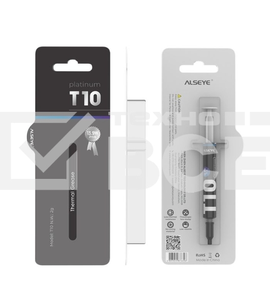 Термопаста ALSEYE T10 Thermal conductivity: 13.9W/m-k  Color: Gray  Conductivity: non-conductive specific gravity: 2.7g / cm³@25℃  Capacity: 1.2ml  Weight: 2G