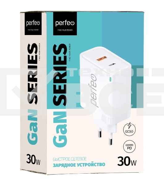 Сетевое зарядное устройство с двумя разъемами PERFEO USB-A+TYPE-C, GaN, 30W, белый (I4653)