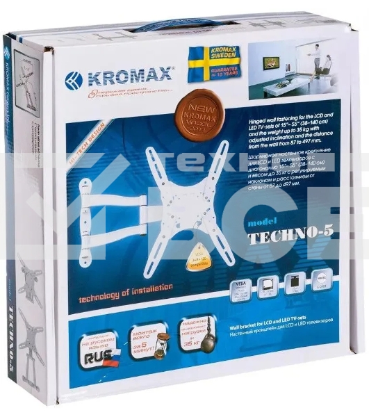 Кронштейн для телевизора Kromax TECHNO-5 белый, 15'-55' макс. 35 кг, настенный, поворот и наклон