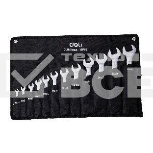 Набор двусторонних гаечных ключей 12 шт Deli DL160012A Спецификация: 6x7мм, 8x9мм, 10x11мм, 12x13мм, 14x15мм, 16x17мм, 18x19мм, 20x22мм, 21x23мм, 24x27мм, 25x28мм, 30x32мм. Матовая хромированная поверхность. Тканевая упаковка.