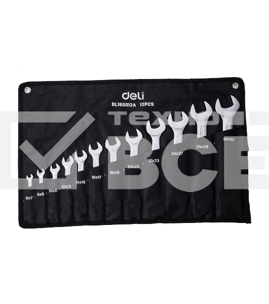 Набор двусторонних гаечных ключей 12 шт Deli DL160012A Спецификация: 6x7мм, 8x9мм, 10x11мм, 12x13мм, 14x15мм, 16x17мм, 18x19мм, 20x22мм, 21x23мм, 24x27мм, 25x28мм, 30x32мм. Матовая хромированная поверхность. Тканевая упаковка.