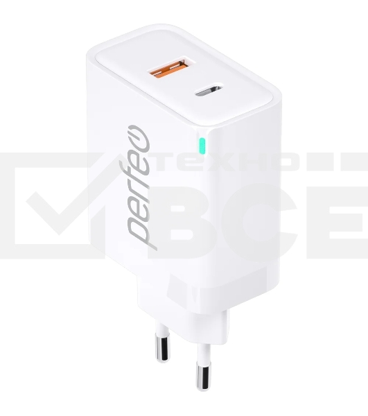 Сетевое зарядное устройство с двумя разъемами PERFEO USB-A+TYPE-C, GaN, 30W, белый (I4653)