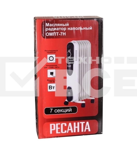 Масляный обогреватель Ресанта ОМПТ-7Н (7 секций) белый, 1500 Вт, 15 м2, термостат 67/3/3