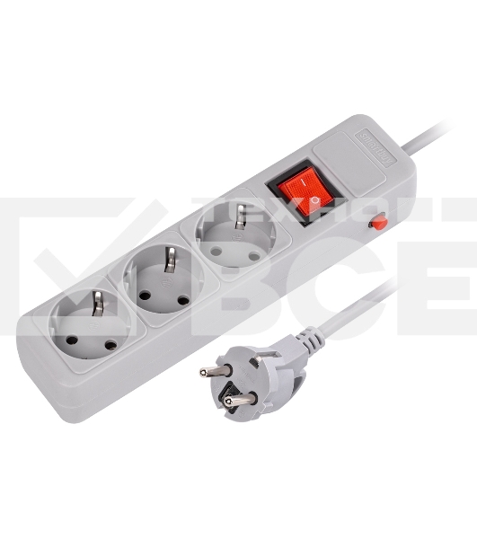 Сетевой фильтр 16А, 3500 Вт, 3 гнезда, без з/ш, с з/к, ПВС 3x1.0, 1,8 м, серый (SBSP-3-18-G)
