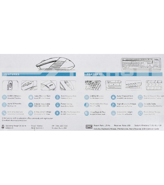 Комплект клавиатура+мышь A4Tech FStyler FG1010 беспроводной, USB, 2000 DPI, чёрный/синий