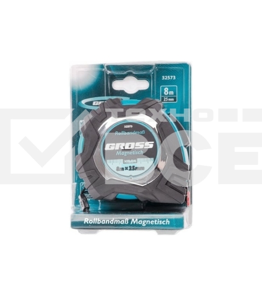 Рулетка Magnetisch, 8м х 25мм, обрезин. корпус,автоматич. фиксация, нейлон. покр.,магн.зацеп Gross