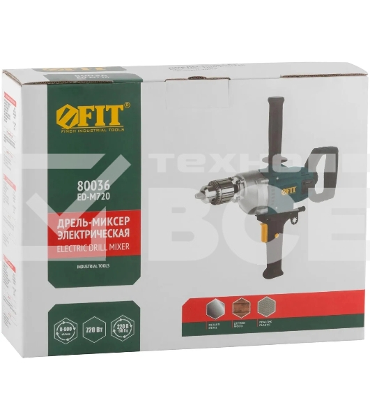 Дрель-миксер FIT ED-M720 720 Вт, 0-900 об/мин, КлП 3-16 мм, металл.корпус, рез.накл., коробка